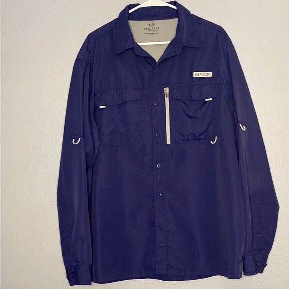 Realtree Fishing Button Up Utility Navy Purple Long Sleeve Vented Shirt Size XL - Picture 1 of 11